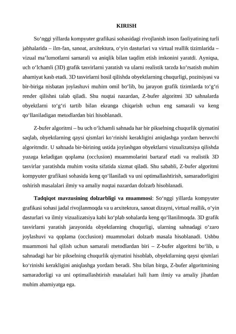 Z-bufer algoritmi va uning 3D grafik tasvirlarida qollanilishi 3