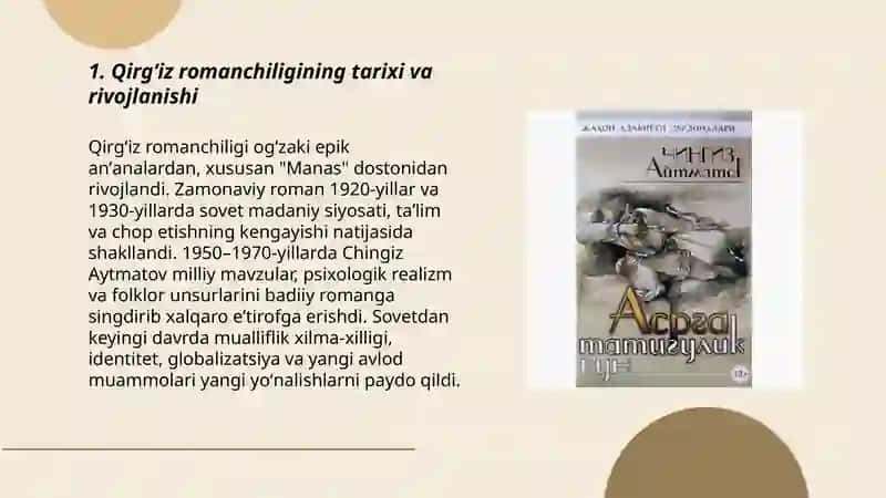 Qirg'iz adabiyotda romanchilik. Chingiz aytmatov qissa va hikoyalari 3