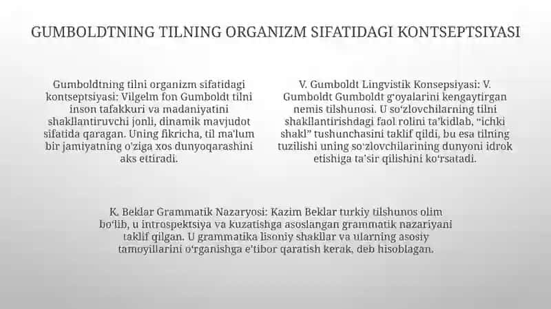 V. Gumboldt Lingvistik Konsepsiyasi, K. Beklar Grammatik Nazaryasi 3