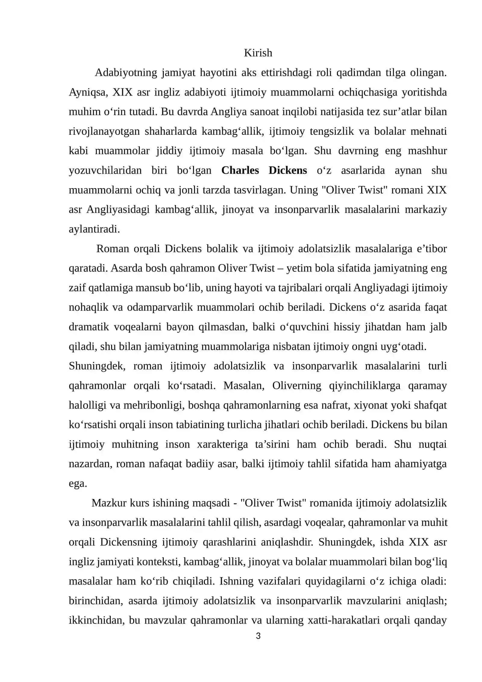 Charlz Dikkensning "Oliver Twist" romanida ijtimoiy adolatsizlik va insonparvarlik masalasi mavzusidagi KURS ISHI 3