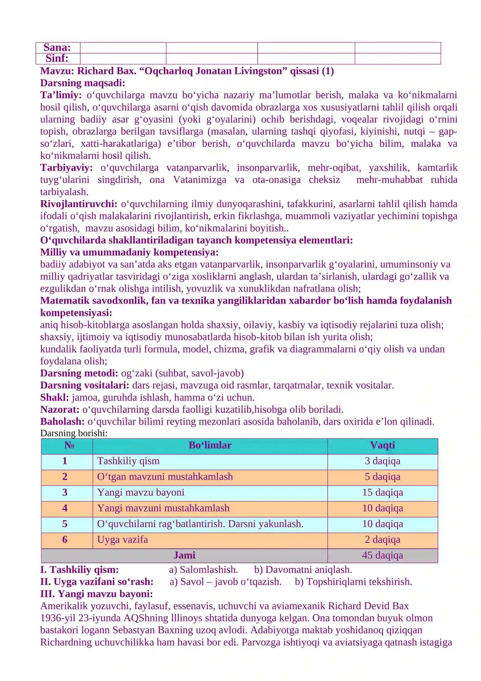 20__- 20__- o‘quv yiliga 9 – sinf IV chorak uchun adabiyot fanidan DARS ISHLANMALARI 3