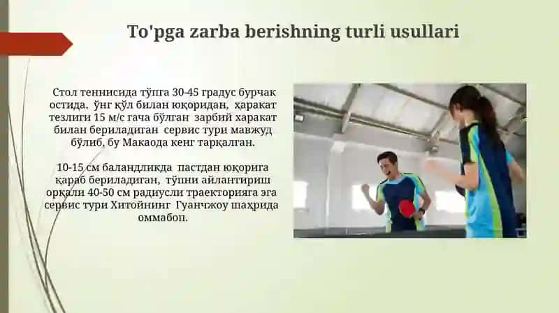 Stol tennis tòpchasini òyinga kiritish texnikasini takomillashtirish 3