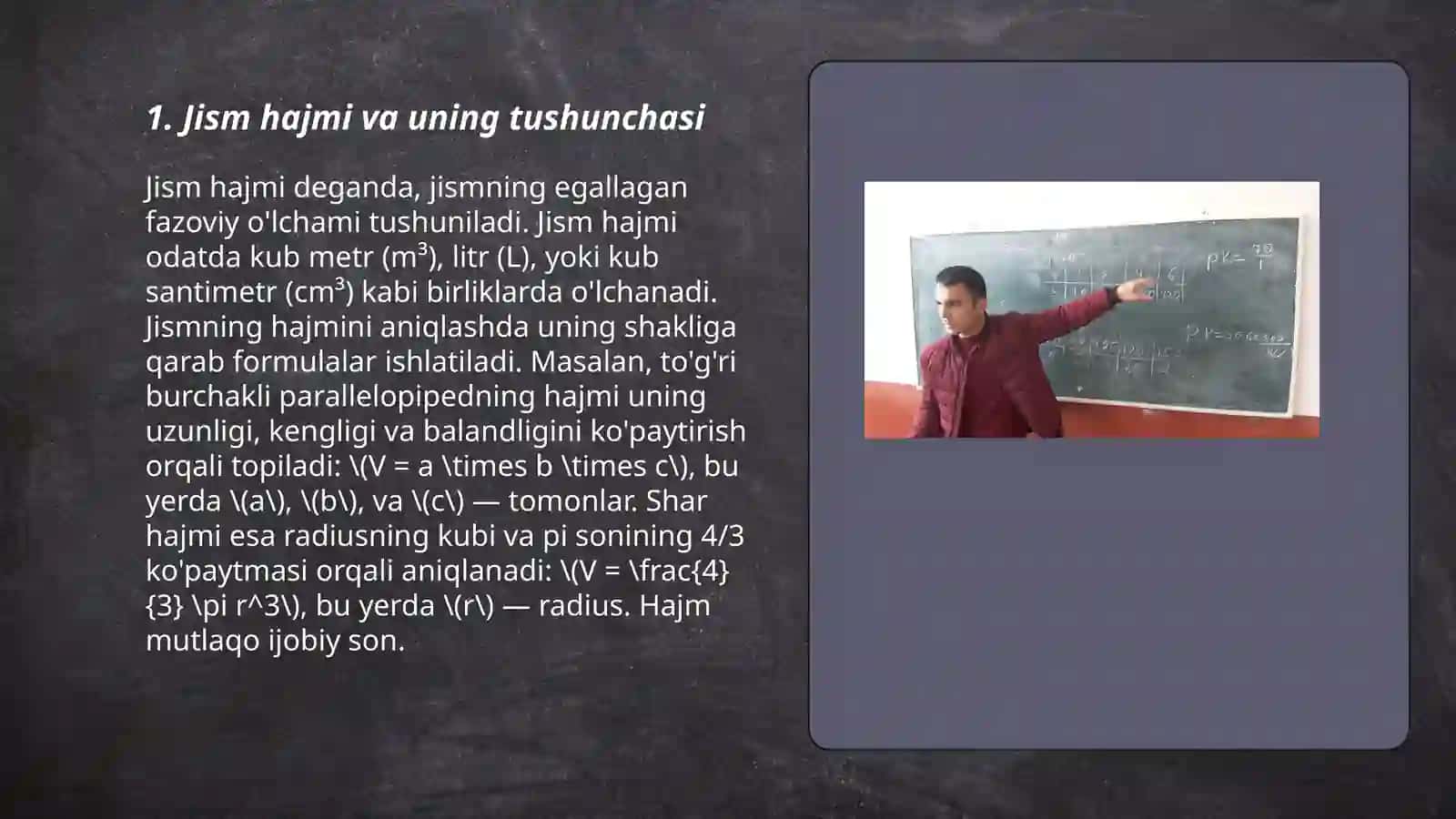 Jismning hajm va uni õlchash. Boshlanğich matematika kursida kõriladigan boshqa miqdorlar: massa, baho, vaqt, tezlik, yôl. Ularning õlchov birliklari va ular orasidagi boģlanishlar 3
