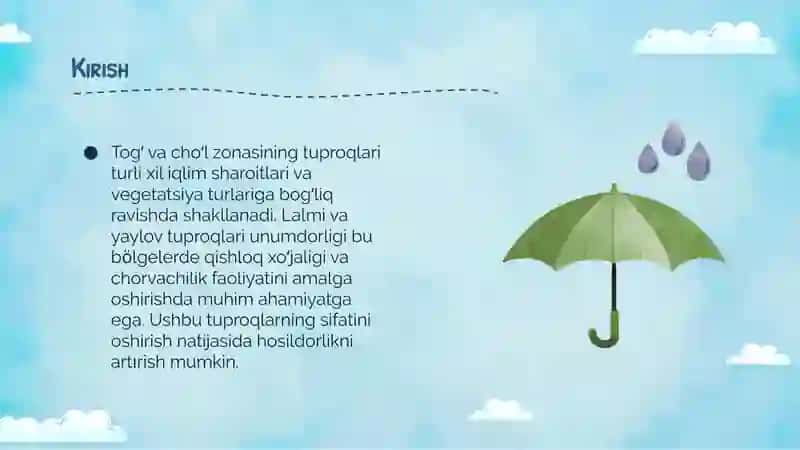 Togʻ va choʻl zonasining tuproqlari. Lalmi va yaylov tuproqlari unumdorligi 3