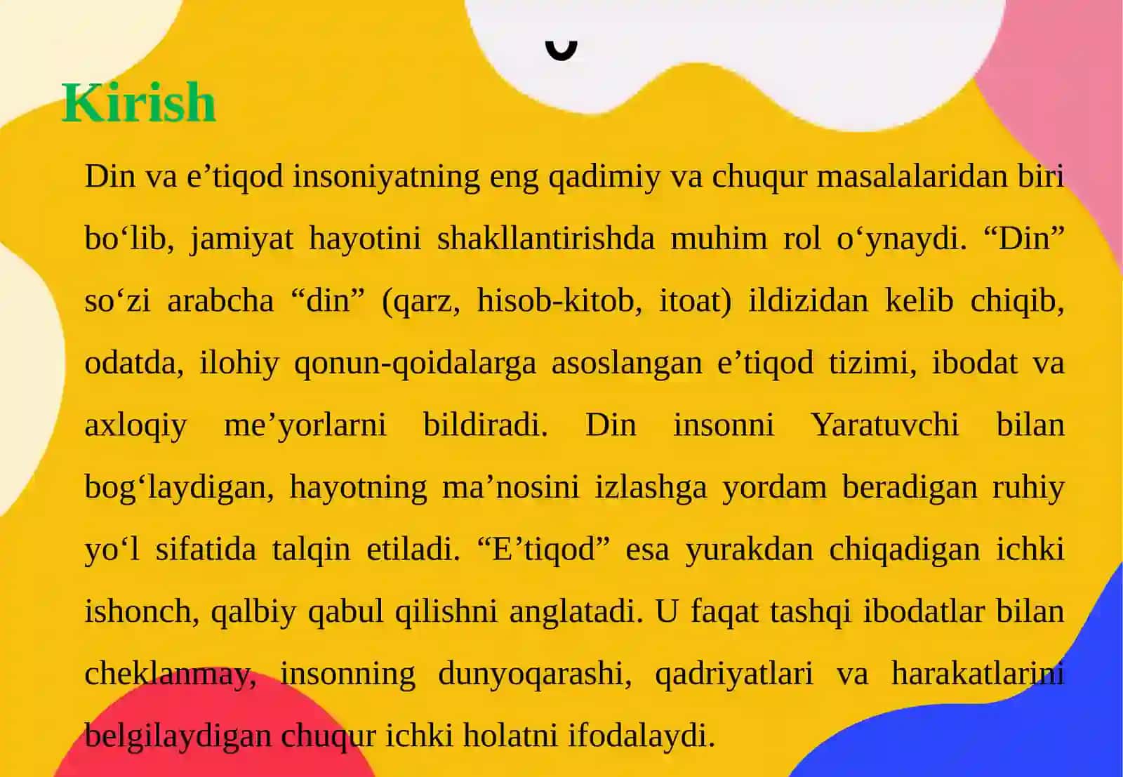 Din, e’tiqod so’zlarining ta’rifi, vijdon atamasiga berilgan ta’riflar, tolerantlik – diniy bag’rikenglik atamasi va uning bugungi kundagi ahamiyati 3