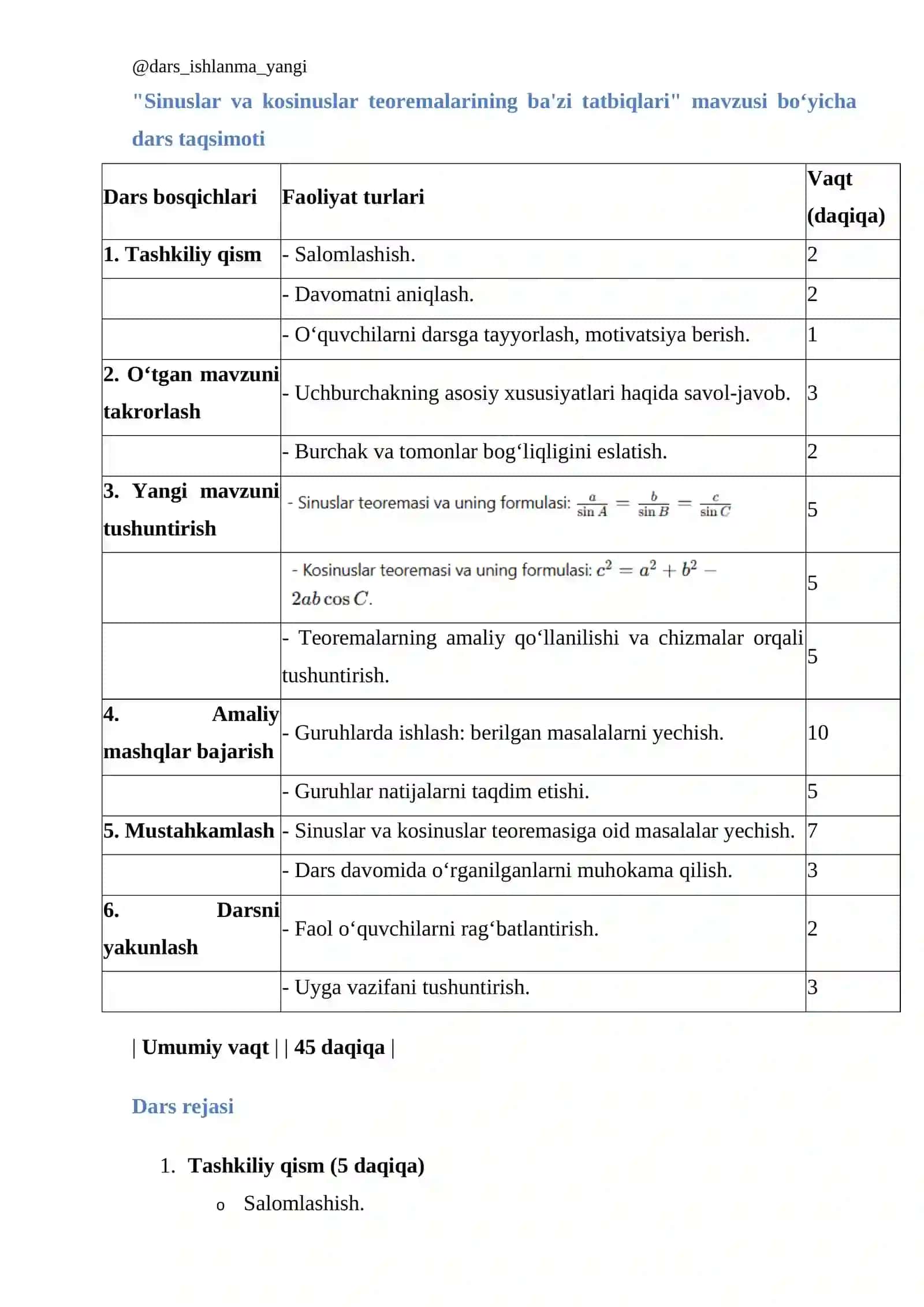 Sinuslar va kosinuslar teoremalarining ba'zi tatbiqlari 3