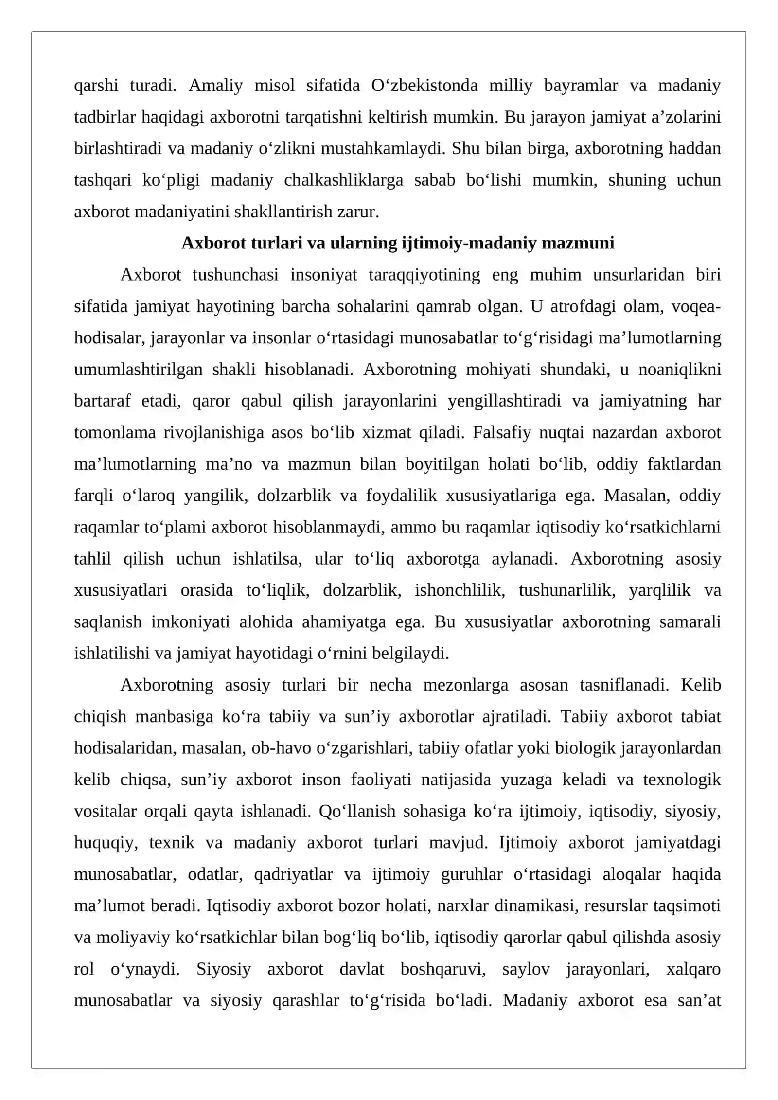 Axborot turlari: ijtimoiy va madaniy turmush, jamiyat siyosiy va iqtisodiy qarashlar bilan uzviyligi. San’at, sport va ma’naviy hayot 3