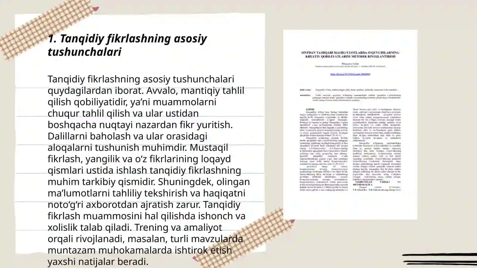Oʻquvchilarning tanqidiy fikrlash hamda munosabat bildira olish qobiliyatlarini rivojlantirishda doir topshiriqlar yaratish 3