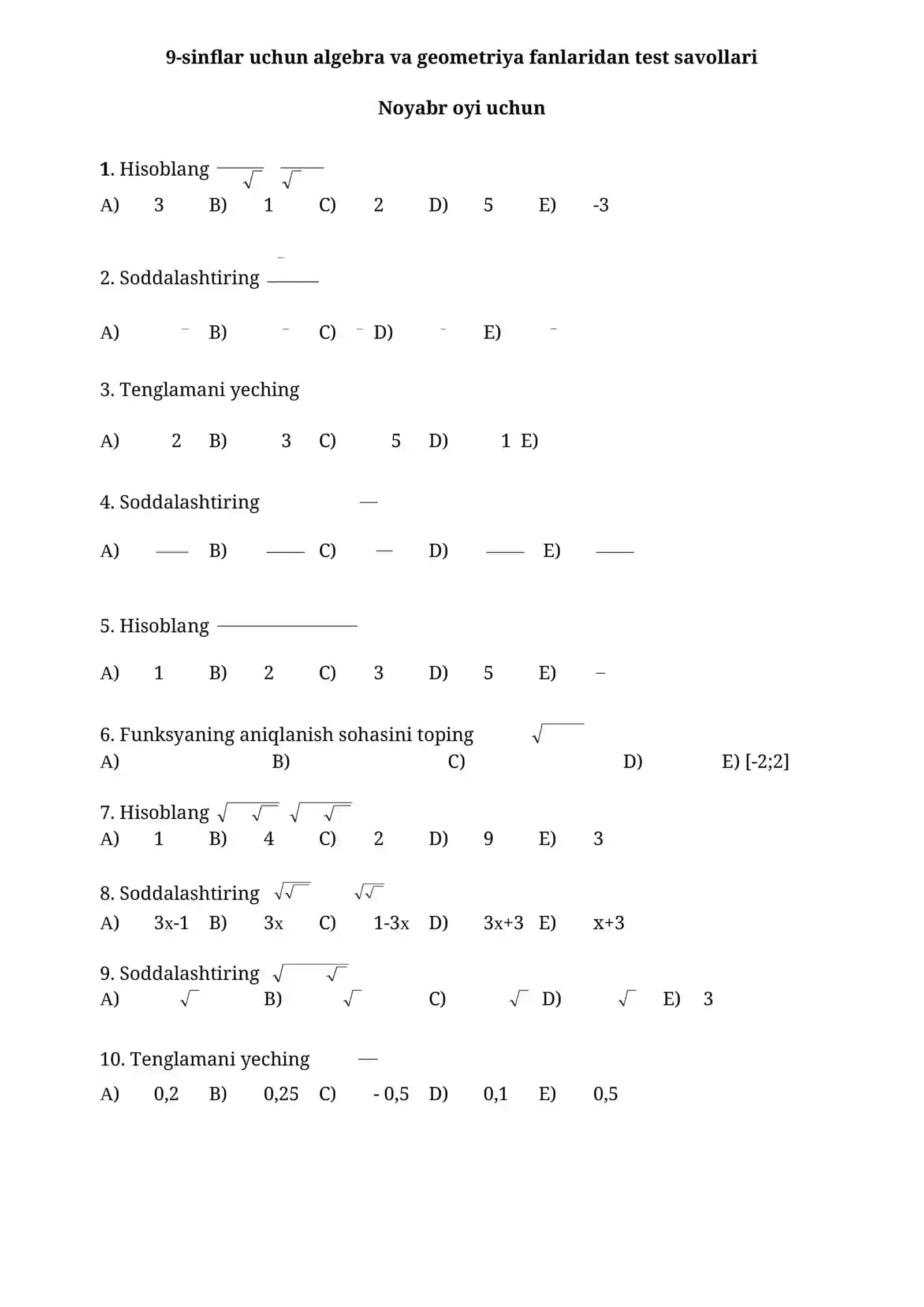 9-sinflar uchun algebra va geometriya fanlaridan test savollari 3
