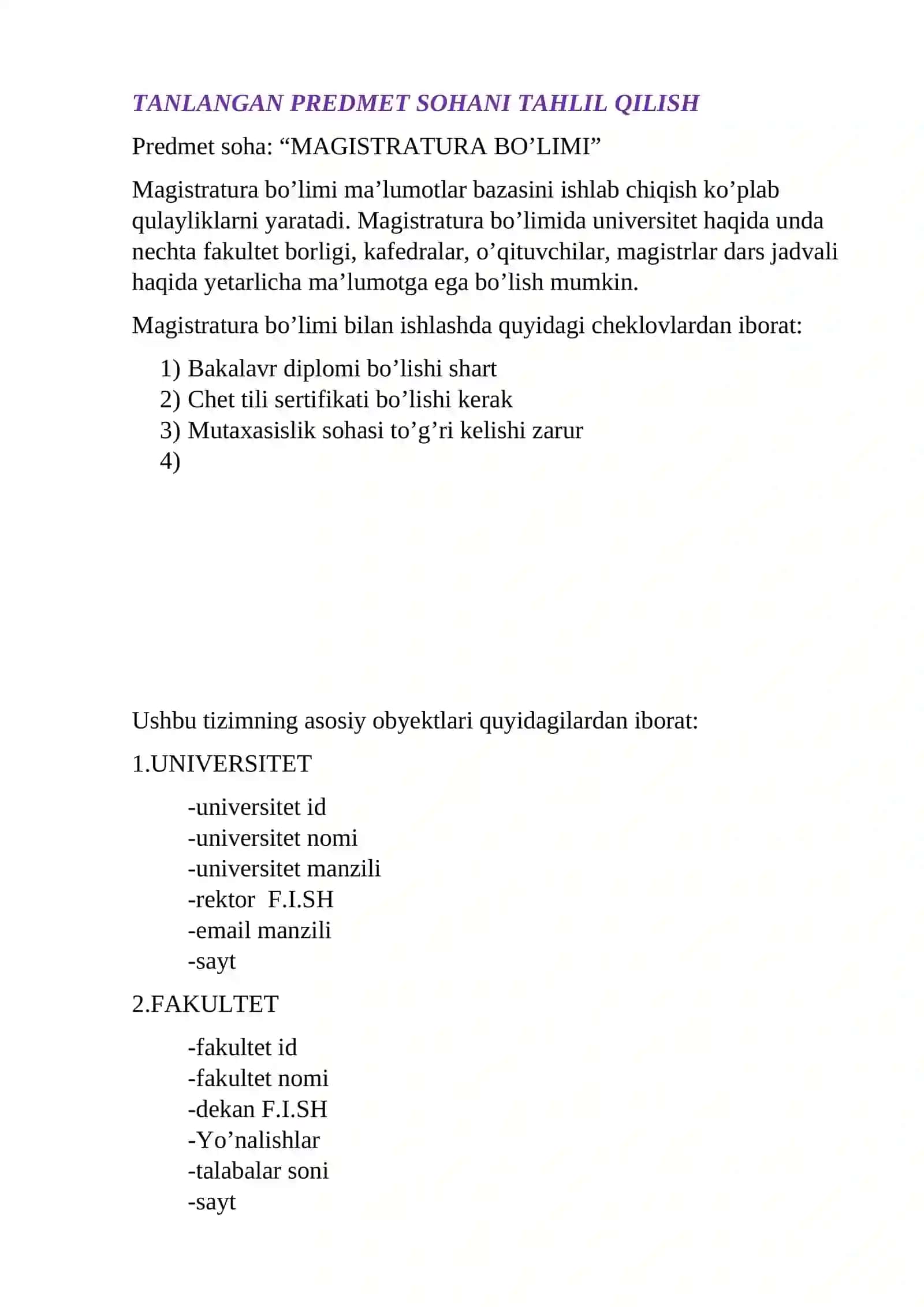 “MAGISTRATURA BO’LIMI” ma’lumotlar bazasini loyihalashtirish va ishlab chiqish 3