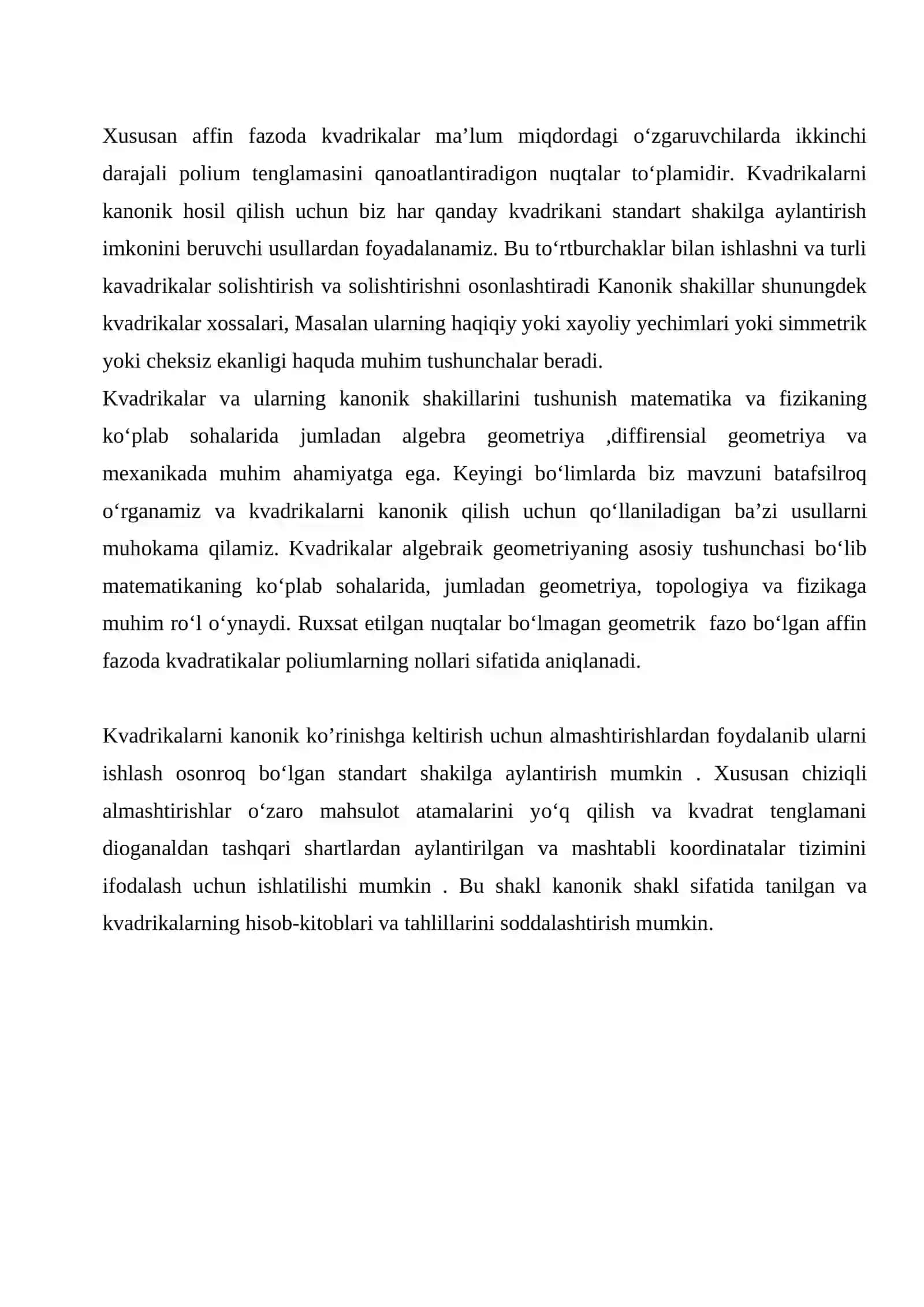 Kvadrikaning markazi va tasnifi. Uch o‘lchovli Yevklid fazosidagi kvadrikalar tasnifi 3