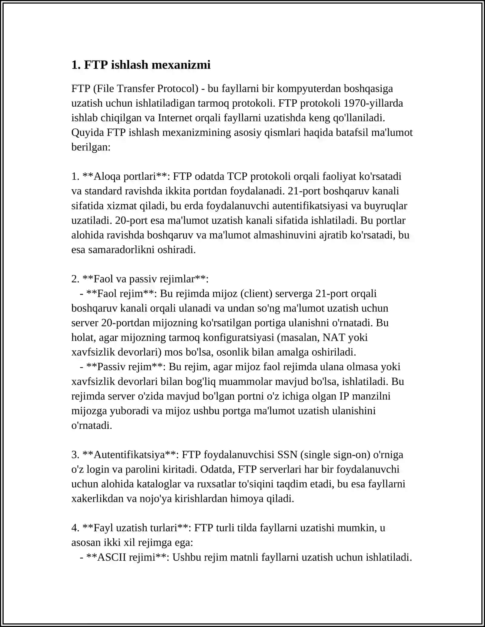 FTP ISHINING ODDIY MODELI, FTP ISHINING MURAKKAB MODELI. MA’LUMOTLAR OQIMI INTENSIVLIGI 3
