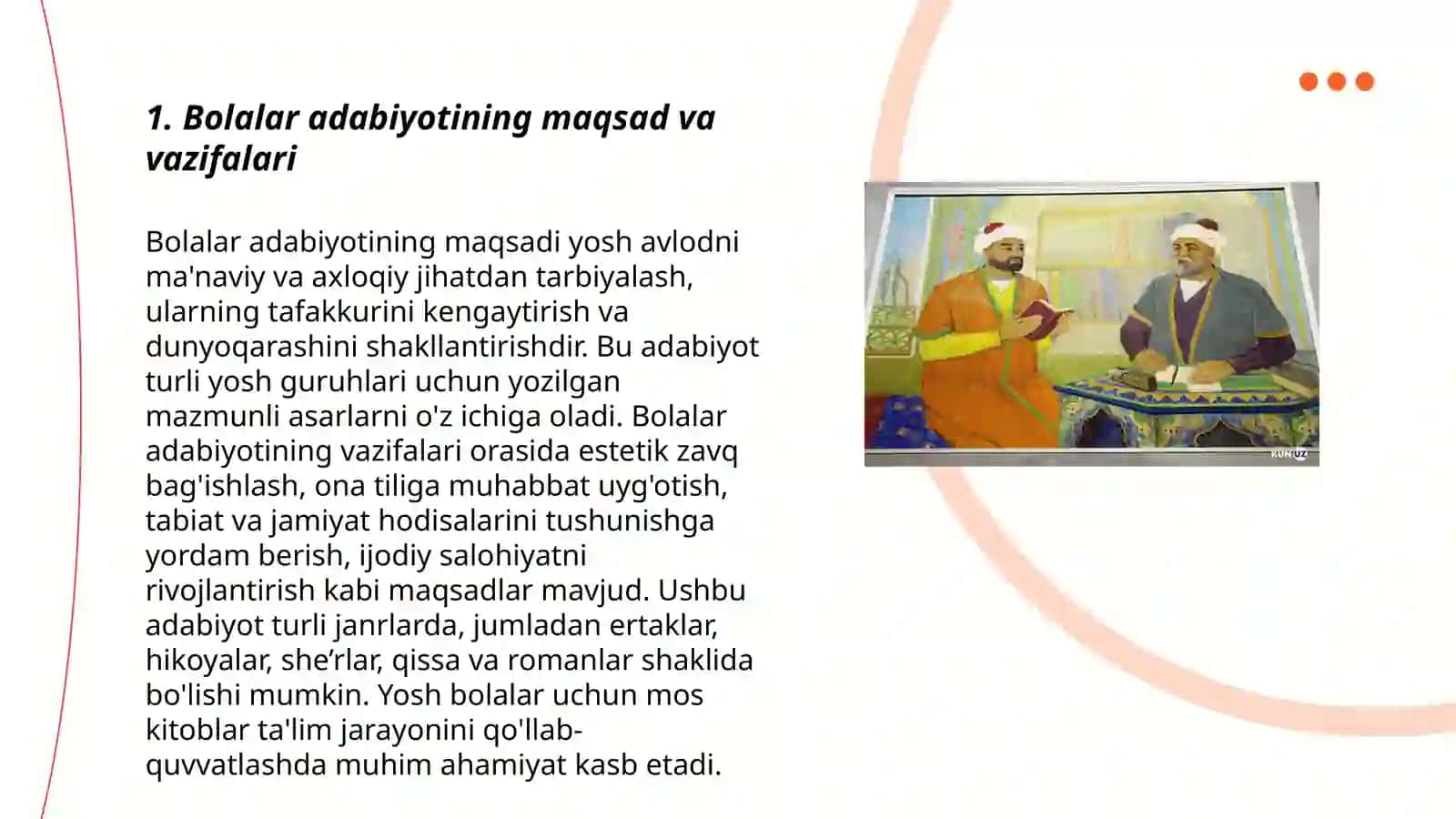 Adabiyot (bolalar adabiyoti) fanining maqsad va vazifalari, bolalar kitobxonligi. Bolalar adabiyoti va bolalar folklorining mumtoz adabiyot namunalari bilan bog'liqligi 3