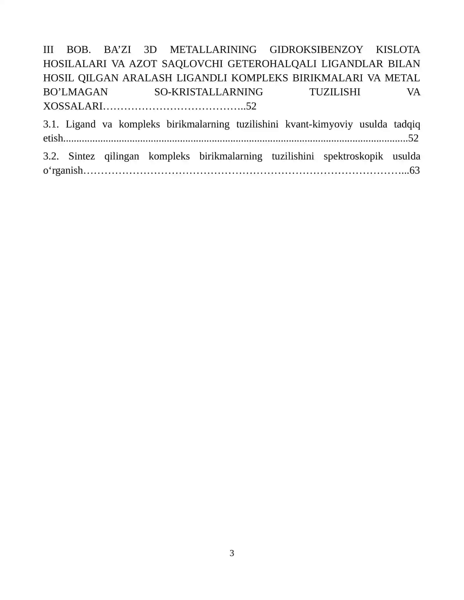 BA`ZI 3D-METALLARNING GIDROKSIBENZOY KISLOTA HOSILALARI ASOSIDAGI ARALASH LIGANDLI KOORDINATSION BIRIKMALARI SINTEZI VA TADQIQOTI MAVZUSIDA DISSERTATSIYA 3