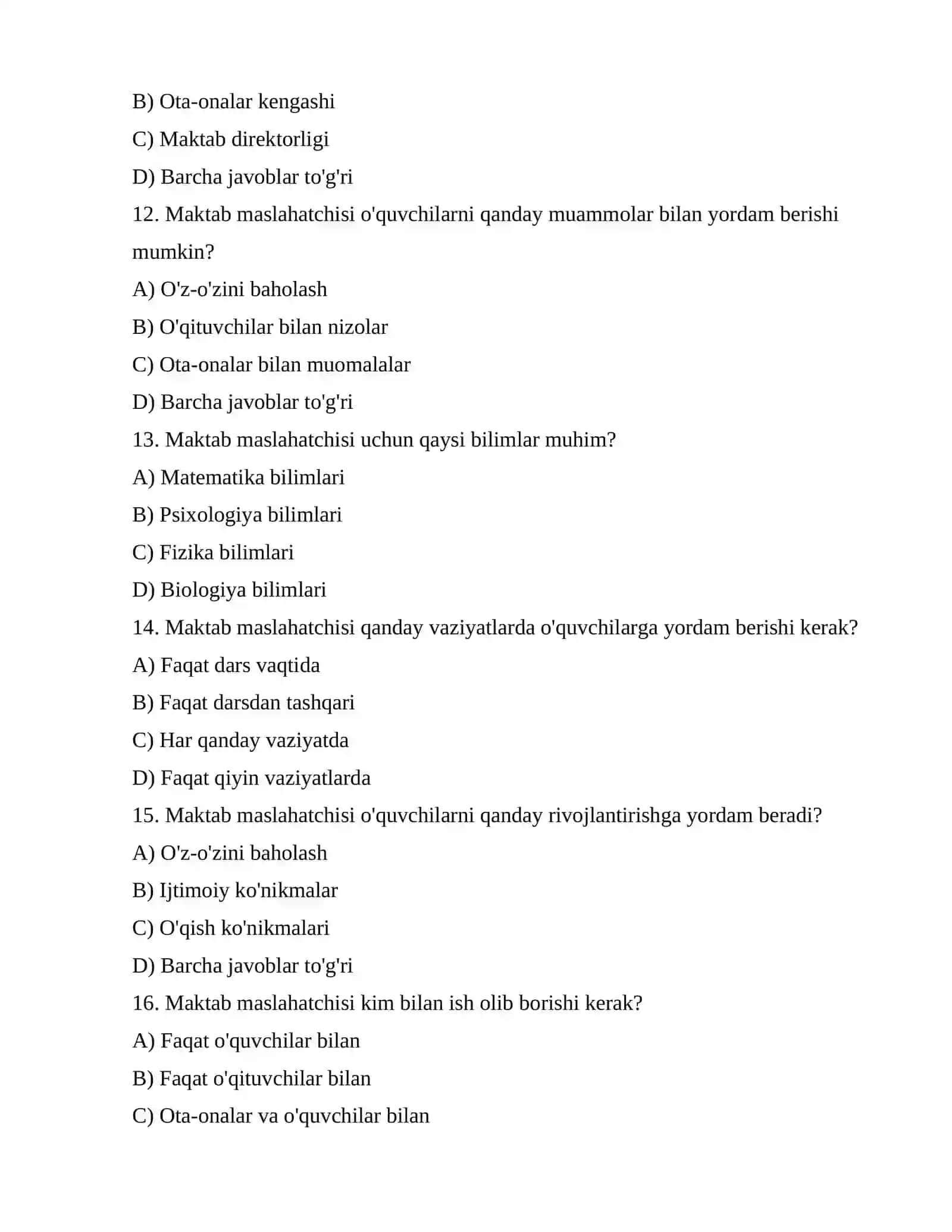 Maktab maslahatchisi lavozimi uchun testlar 3