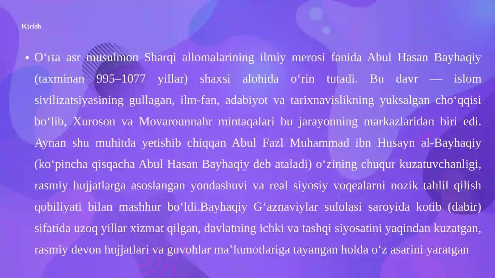 Abul Xasan Bayhaqiy (995–1077) ilmiy merosi 3