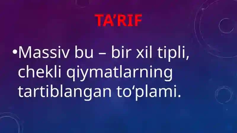 MASSİVLAR. BİR O‘LCHOVLİ MASSİVLAnİ E'LON QİLİSH VA ULARNİNG ELEMENTLARİGA MUROJATLArİni TASHKİL QİLİSHGA DOİR MASALALAR YECHİSH 3