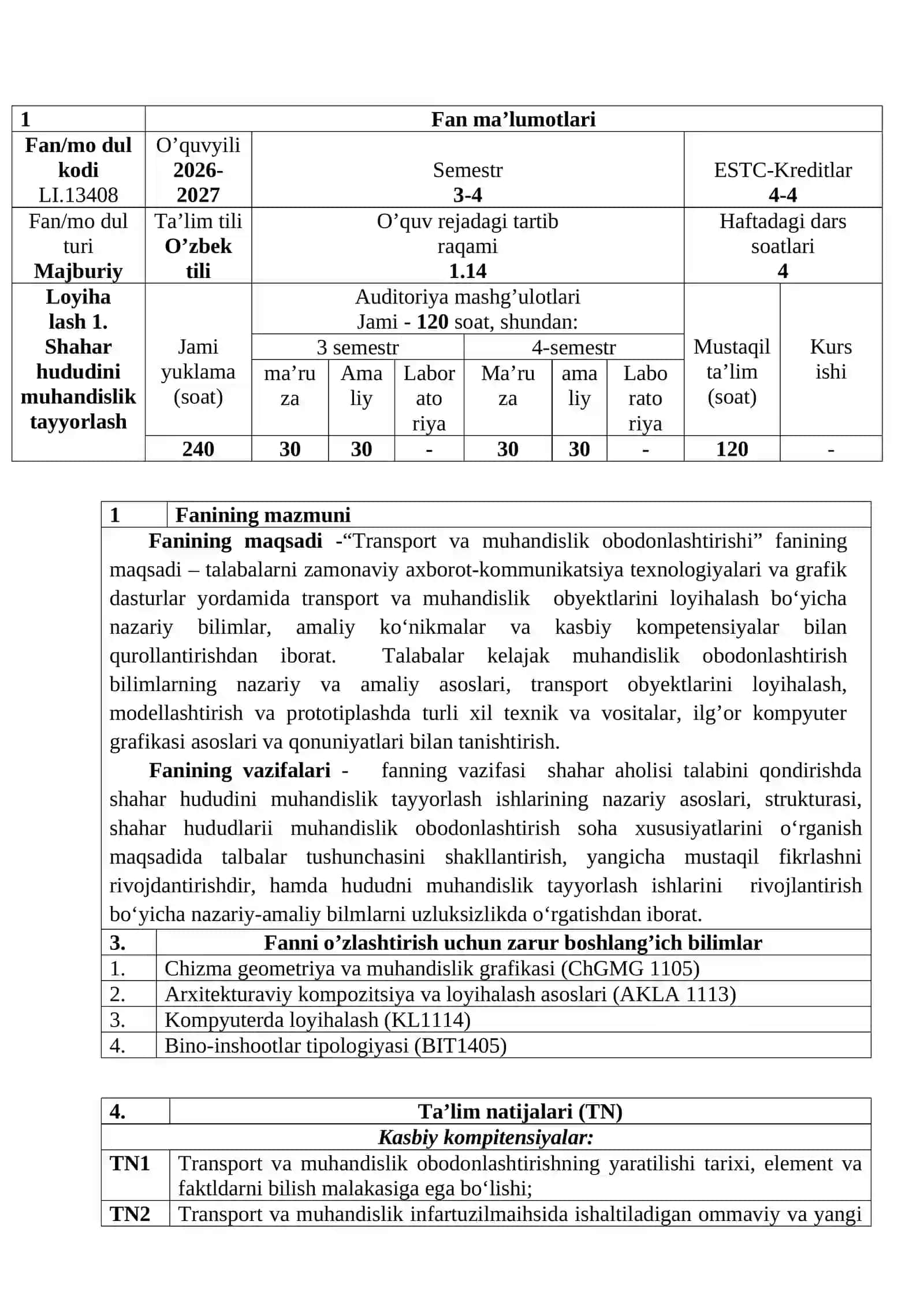 Loyihalash 1. Shahar hududini muhandislik tayyorlash fanining fan dasturi 3