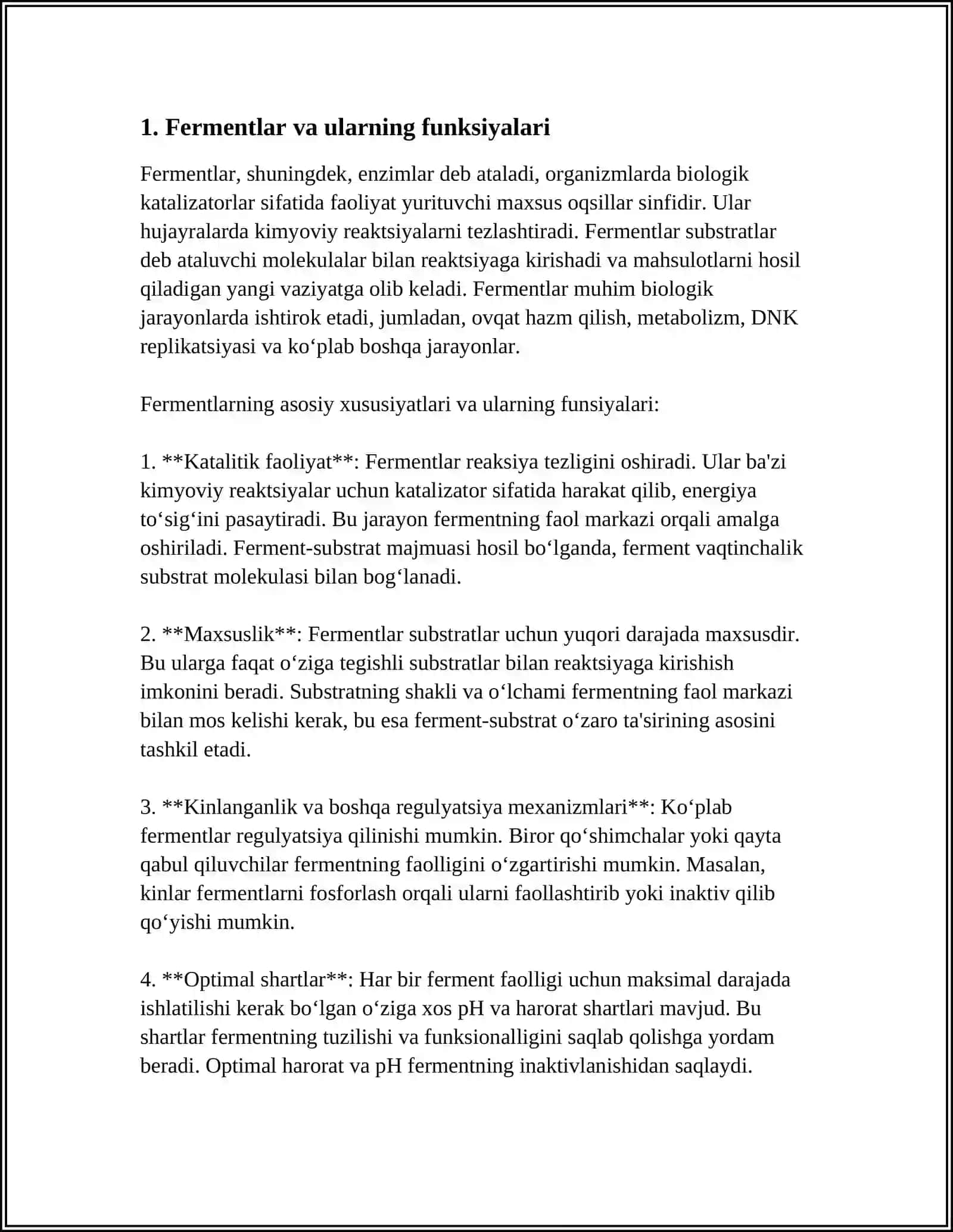 REFERAT Mavzu: FERMENTLAR ISHTIROKIDA BORADIGAN REAKSIYALAR 3