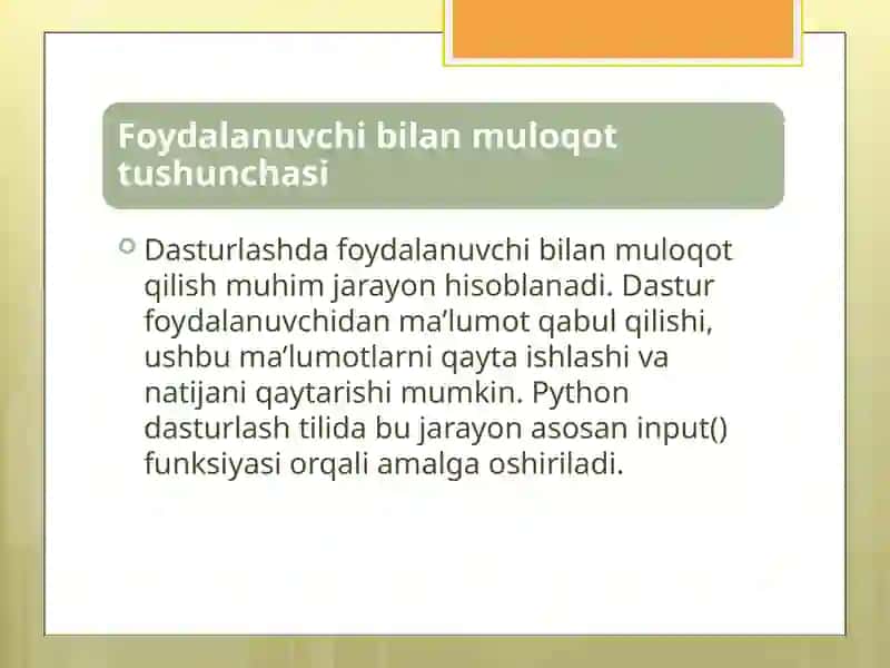 PYTHON DASTURLASH TILIDA FOYDALANUVCHILARDAN MA’LUMOT OLISH INPUT () 3
