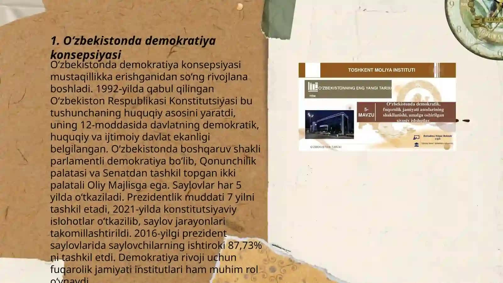 O‘zbekistonda demokratik, fuqarolik jamiyati asoslarining shakllanishi, amalga oshirilgan siyosiy islohotlar 3