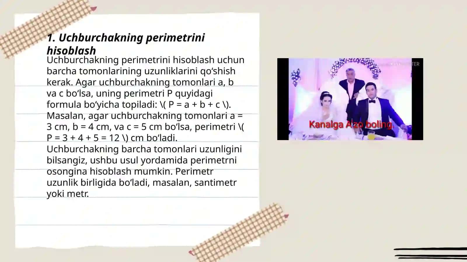 Ko'pburchaklar perimetri,xamda yuzasini hisoblash,perimetr va yuza o'lchov birliklari va ular orasidagi bog'lanishga doir masalalar yechish 3