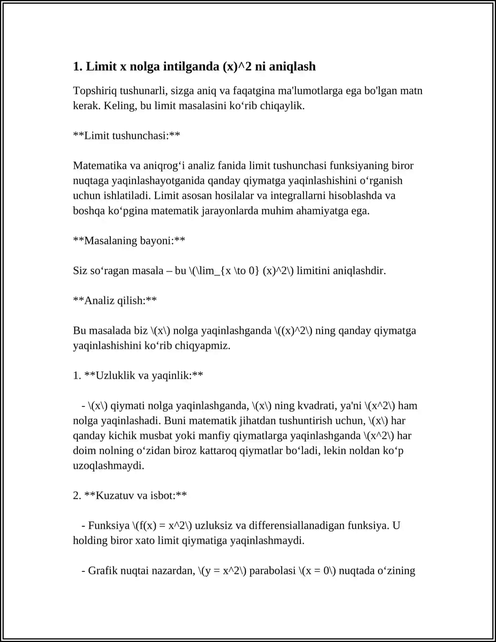 LIMIT X NOLGA INTILGANDA (X)^2 NI HISOBLASH 3