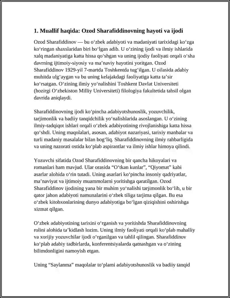 OZOD SHARAFIDDINOVNING "SAYLANMA" NOMLI MAQOLALAR TOʻPLAMINI MUTOLAA QILISH(REFERAT YOZISH) 3