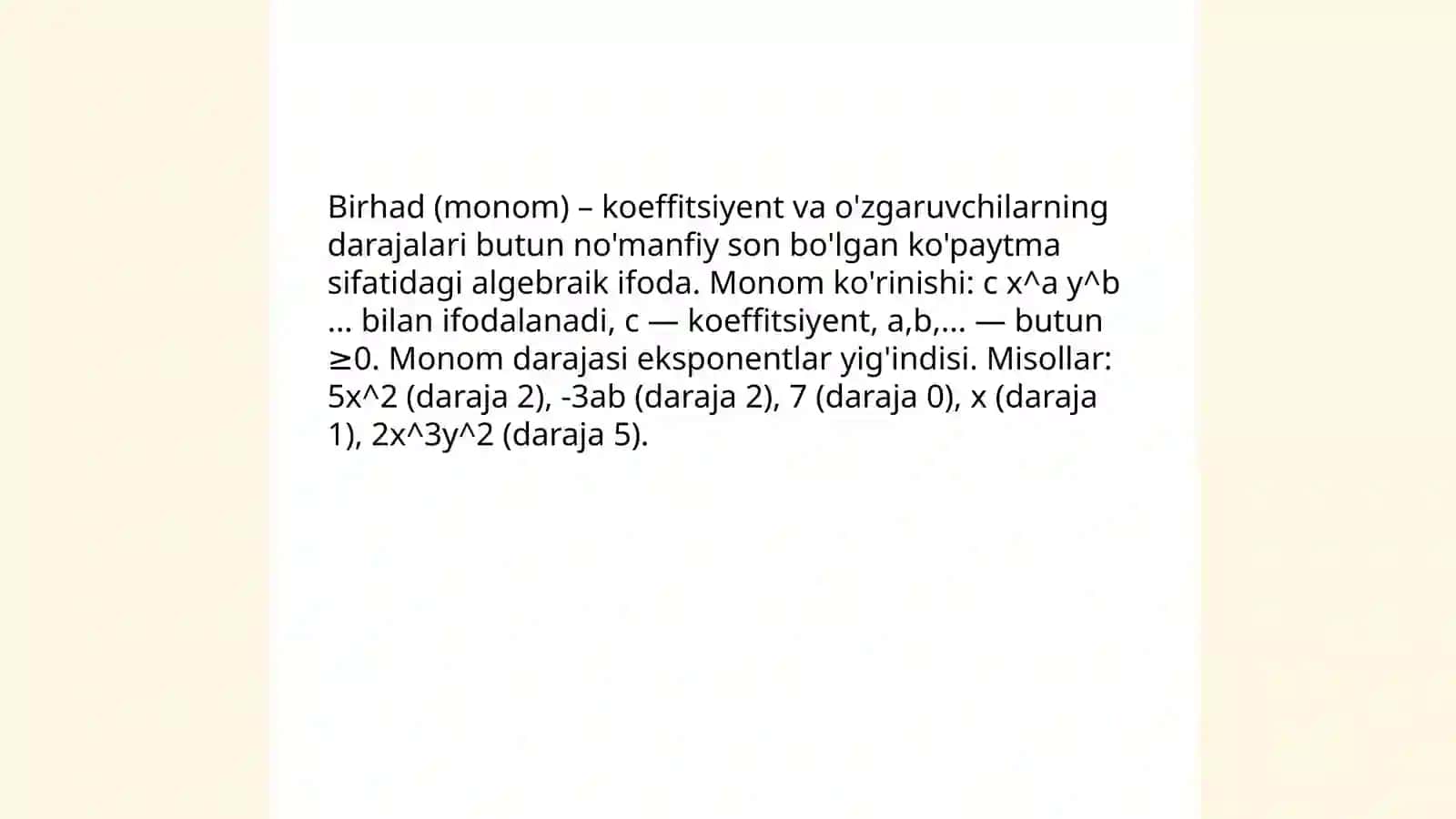 Matematikada birhadlar va ko'phadlar 3