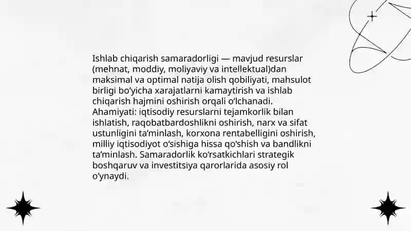 Ishlab chiqarish samaradorligi va uning koʻrsatkichlari 3