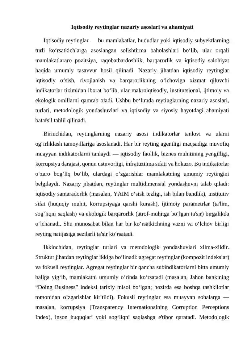 Iqtisodiy sohadagi xalqaro reytinglar va ularga O'zbekistonning integratsiyalashuviiqtisod 3