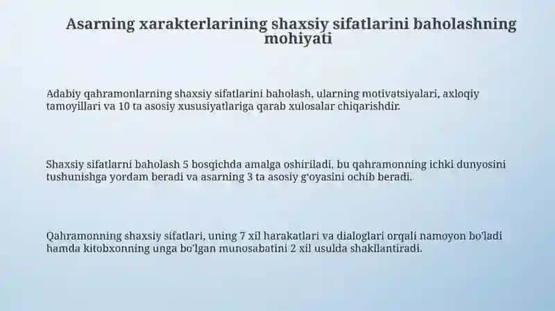 Badiiy asar qahramonlari shaxsiy sifatlarini baholashning mazmuni usullari va metodlari 3