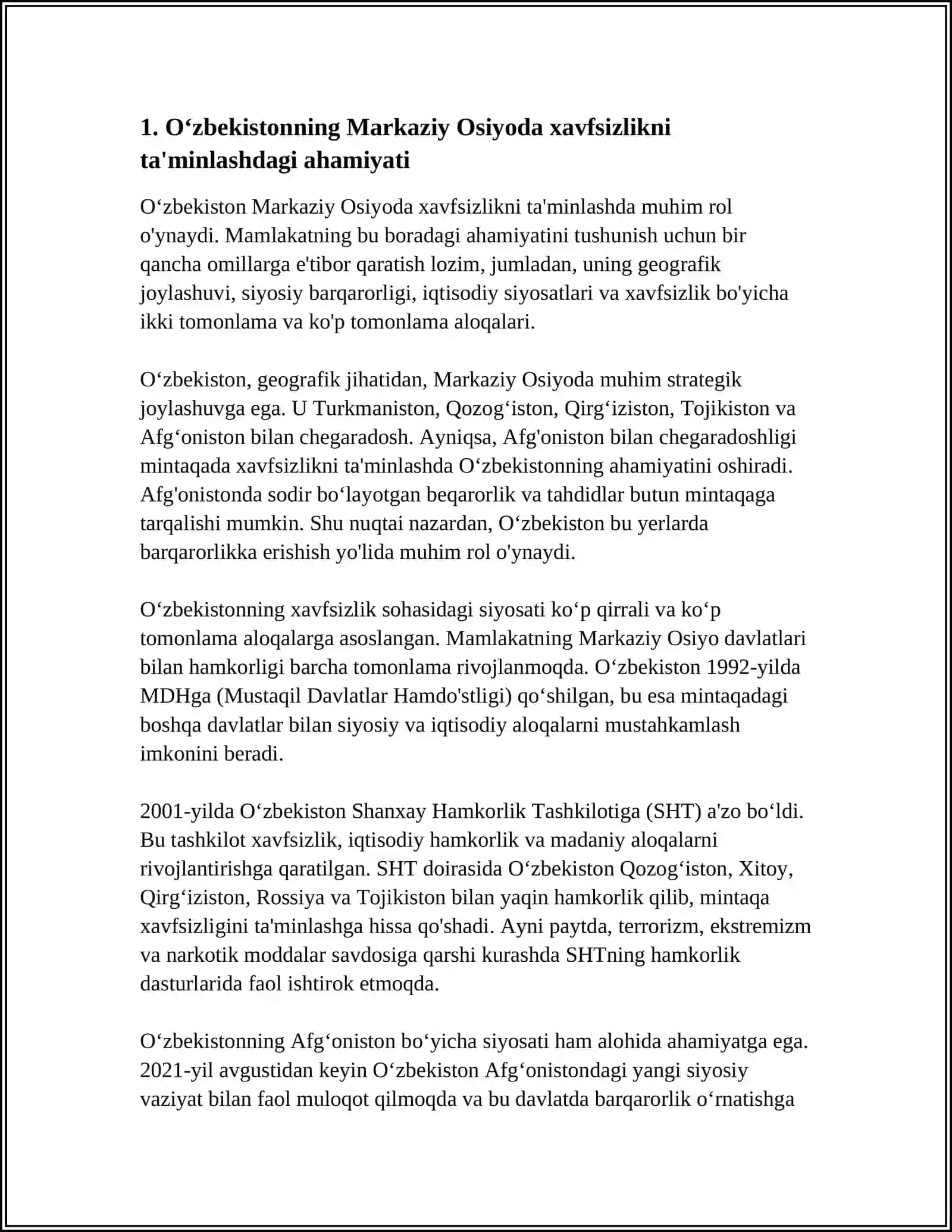 O'ZBEKISTONNING MARKAZIY OSIYODA TINCHLIK VA BARQARORLIKNI TA'MINLASHDAGI O'RNI 3