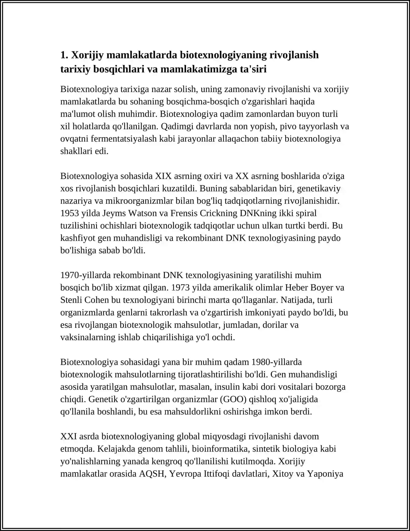 MAMLAKATIMIZ XORIJIY MAMLAKATLARDA BIOTEXNOLOGIYANING RIVOJLANISH TARIXI VA ISTIQBOLLARI HAQIDA ZAMONAVIY TASAVVURLAR 3