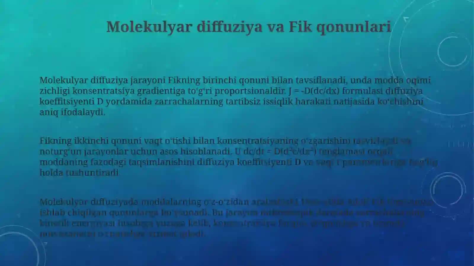Molekulyar diffuziya va Fik qonunlari 3