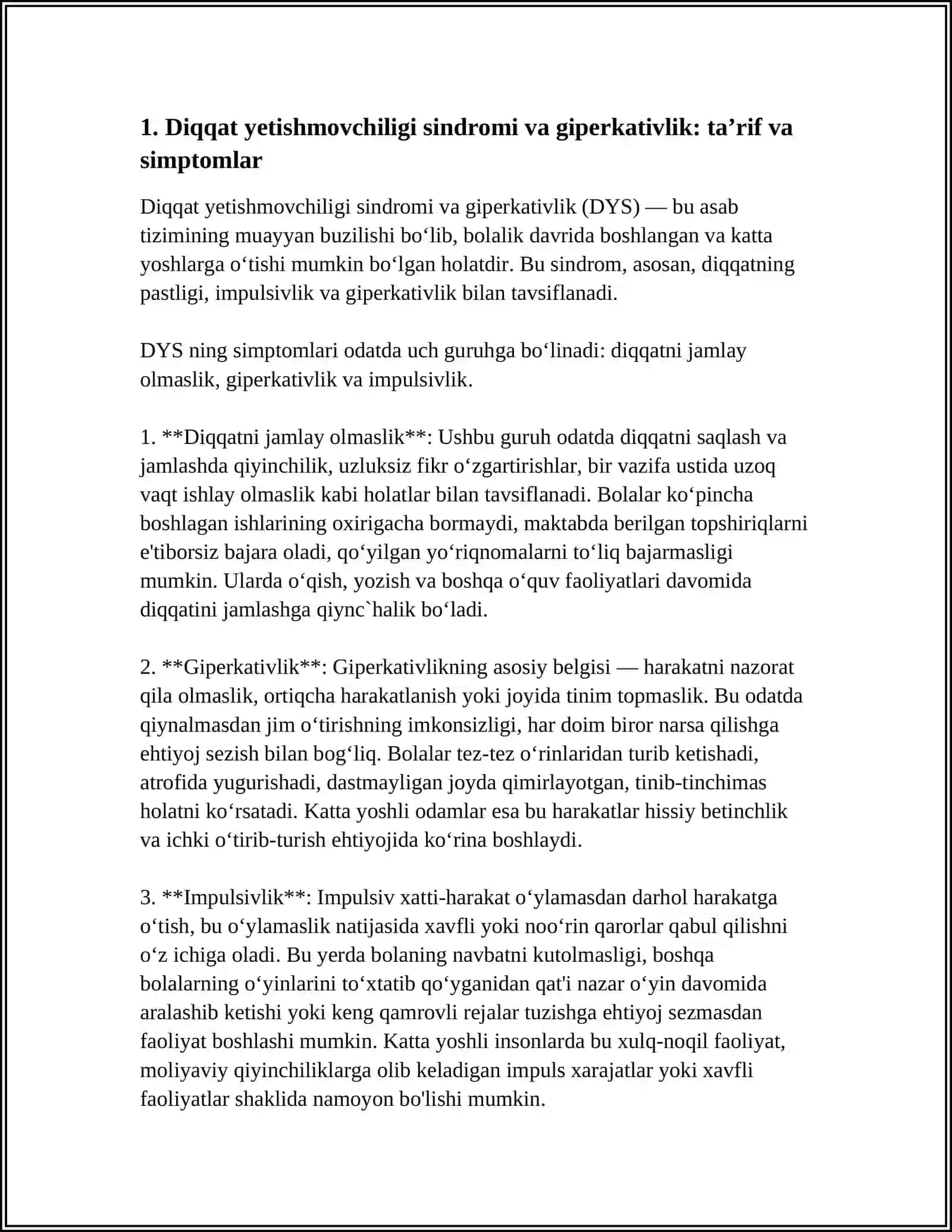 DIQQAT YETISHMOVCHILIGI SINDIROMI VA GIPERAKTIVLIK: PSIXOLOGIK YORDAMNI TASHKIL ETISH 3