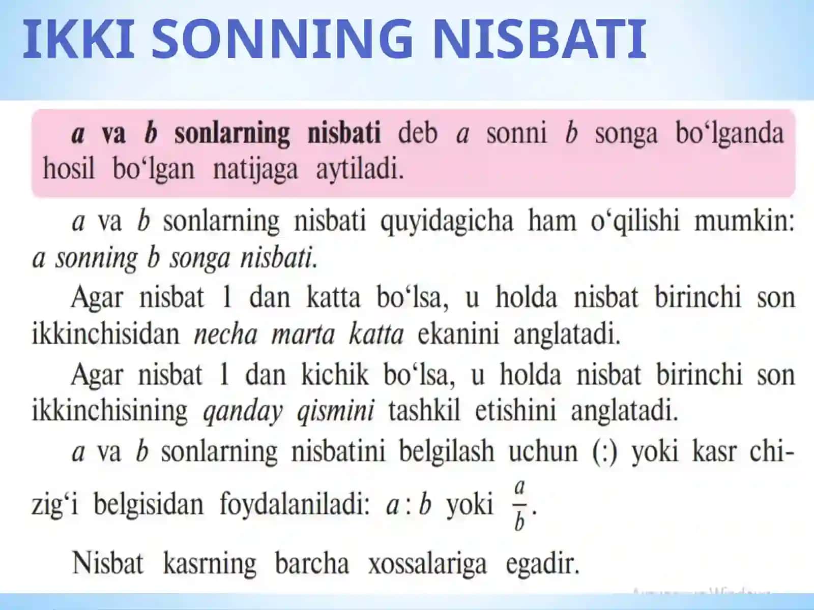 3-NISBAT VA PROPORSIYAFOIZLAR VA UNGA DOIR MASALALAR YECHISHNI O’RGANISH 3