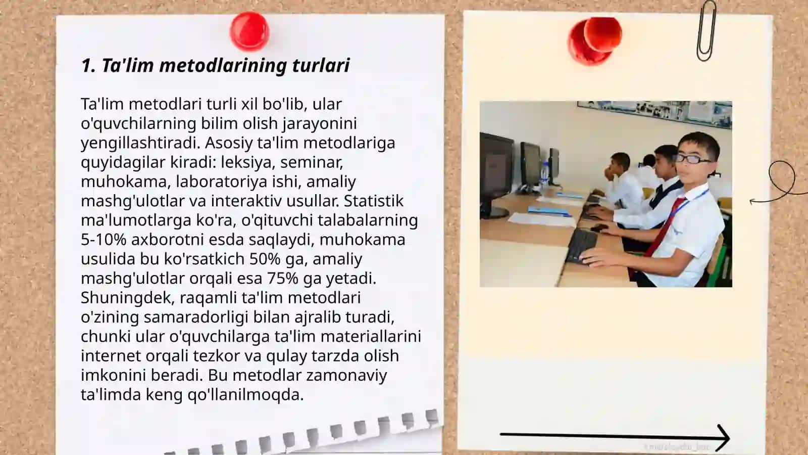 Ta'lim metodlari turli xil bo'lib, ular o'quvchilarning bilim olish jarayonini yengillashtiradi 3