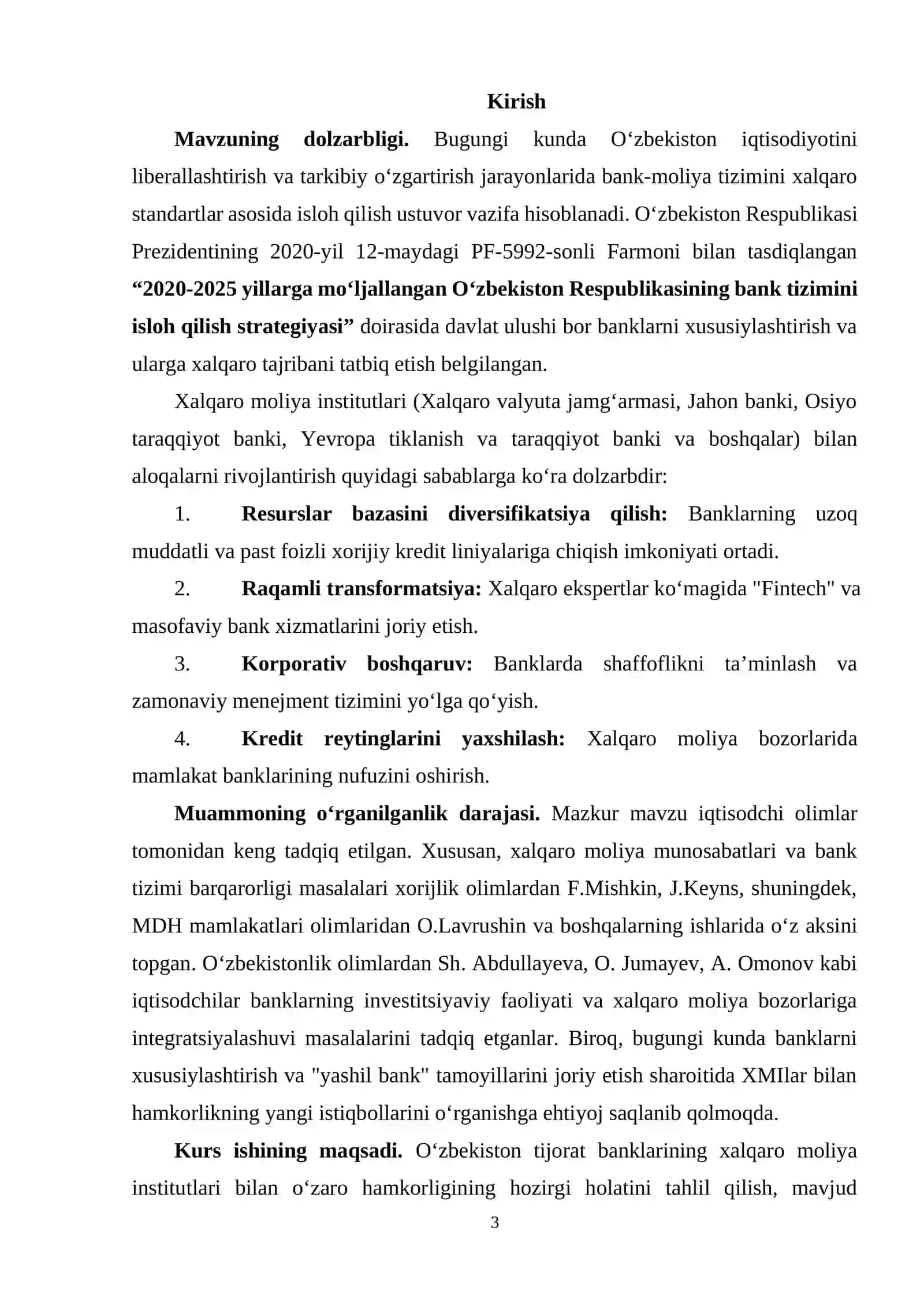 O‘zbekiston Respublikasi bank muassasalarining xalqaro moliya institutlari bilan o‘zaro aloqasini rivojlantirish istiqbollari 3