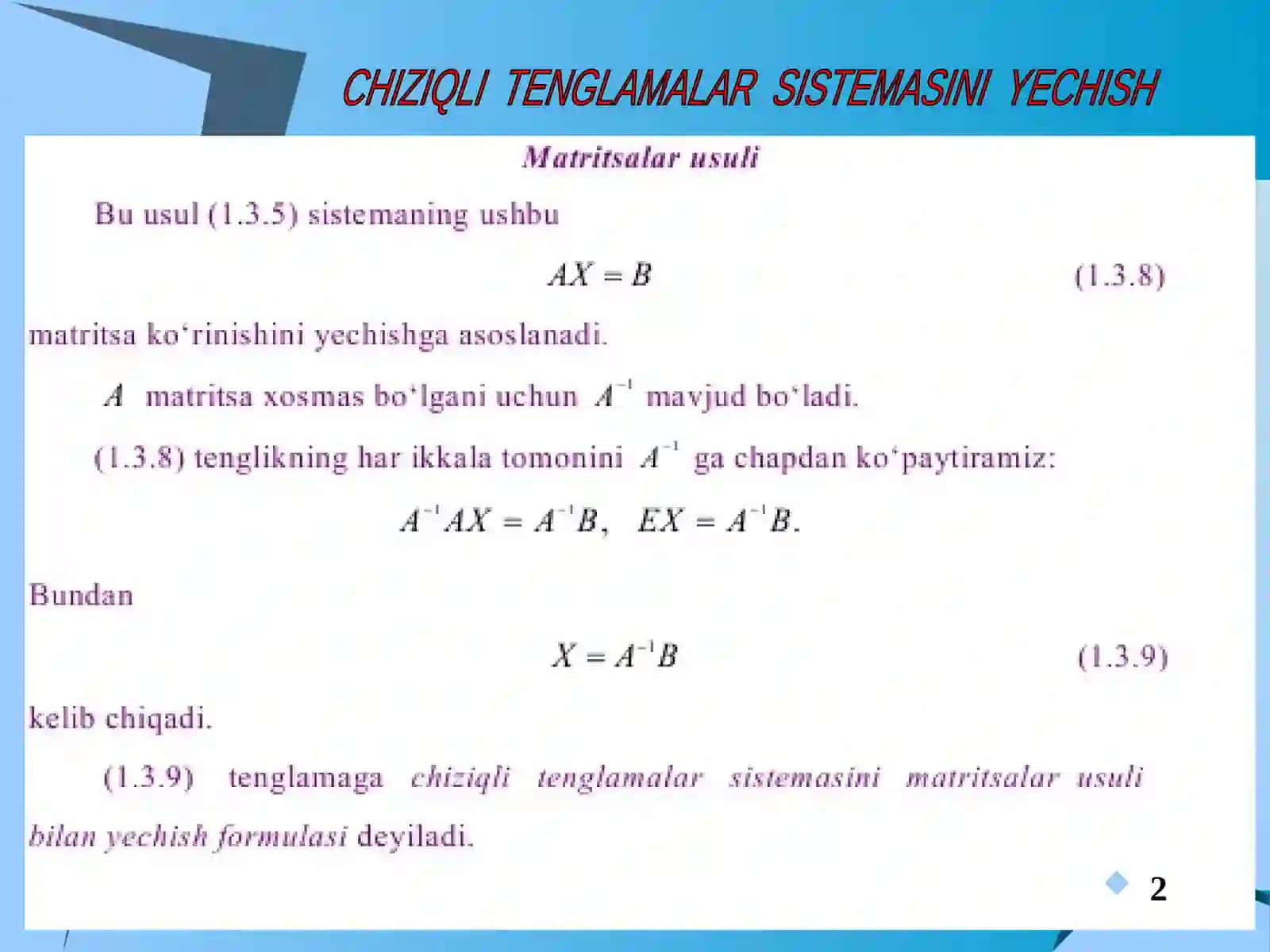 Chiziqli algebraik tenglamalar sistemasi va ularni yechish usullari 3