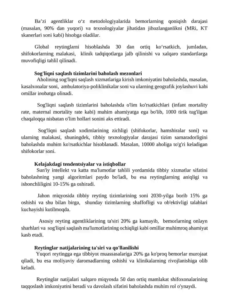 Tibbiy sohadagi xalqaro reytinglar 3
