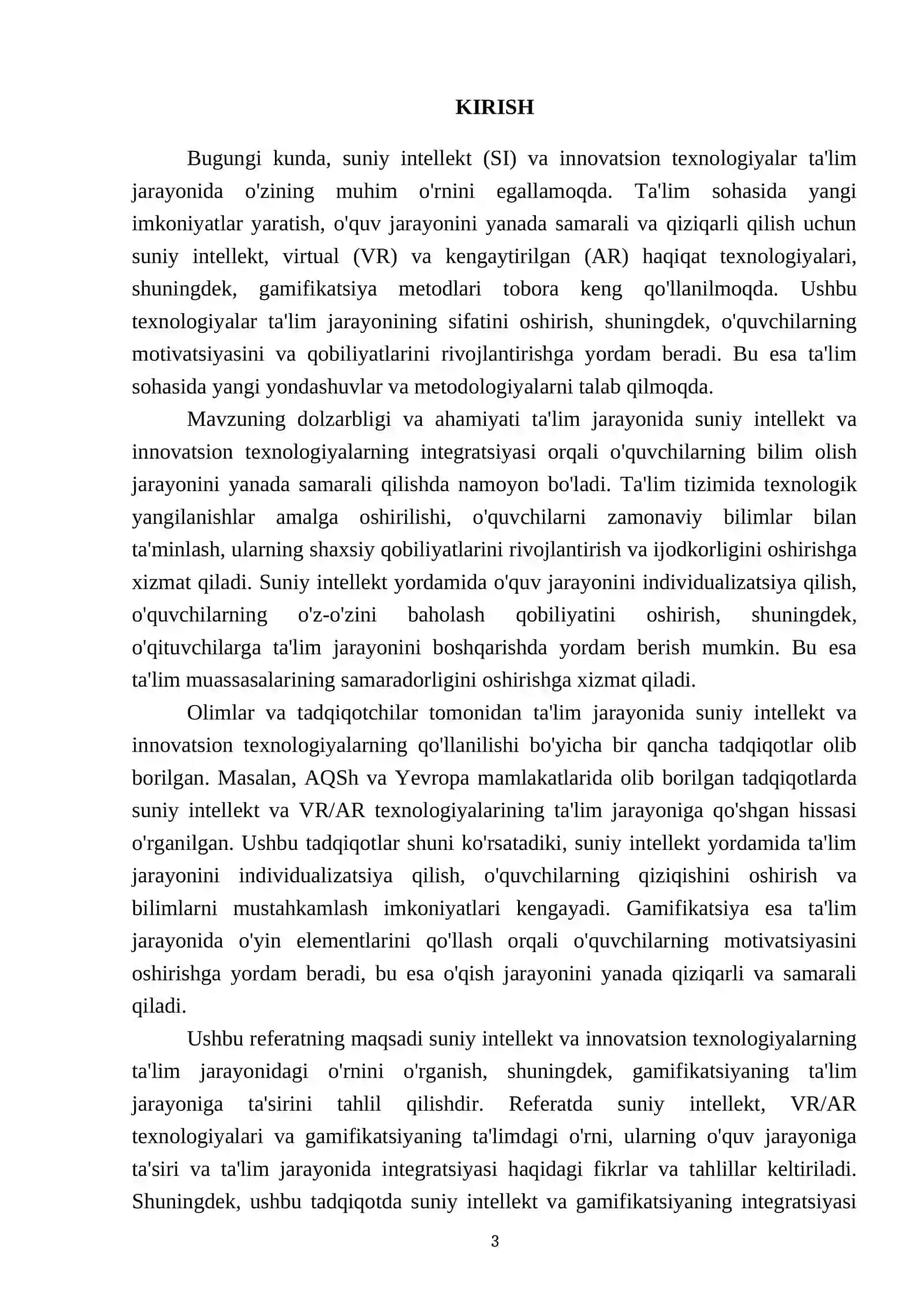 Suniy intellekt va innovatsion texnologiyalarning ta’lim jarayonidagi o’rni (AI,VR/AR,) gamifikatsiya 3