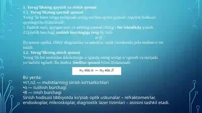 Yorug'likning  sinish va qaytish qonuni. Tibbiy tashxis amaliyotida refraktometrik usullarning qo'llanilishi. Tibbiyotda endoskopik usullarning qo'llanilishi. lazerning tibbiyotda qo'llanilishi. 3