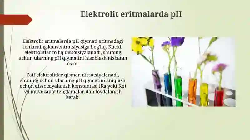 Elektrolit eritmalarda ph ning qiymati 3