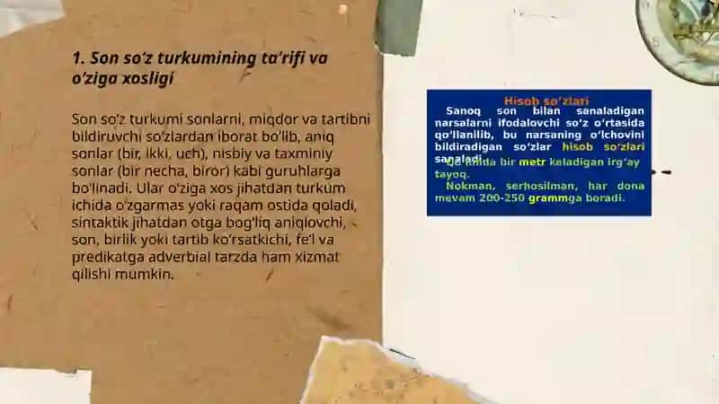 Son soʻz turkumi.Numerativ(hisob) soʻzlari.Bir sonining uslubiy vazifalari 3