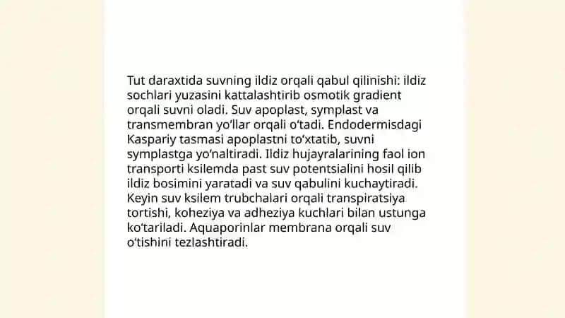 Tut daraxti tanasida suv va unda erigan moddalarning harakterlanishi va ularni harakatlantiruvchi kuchlar 3