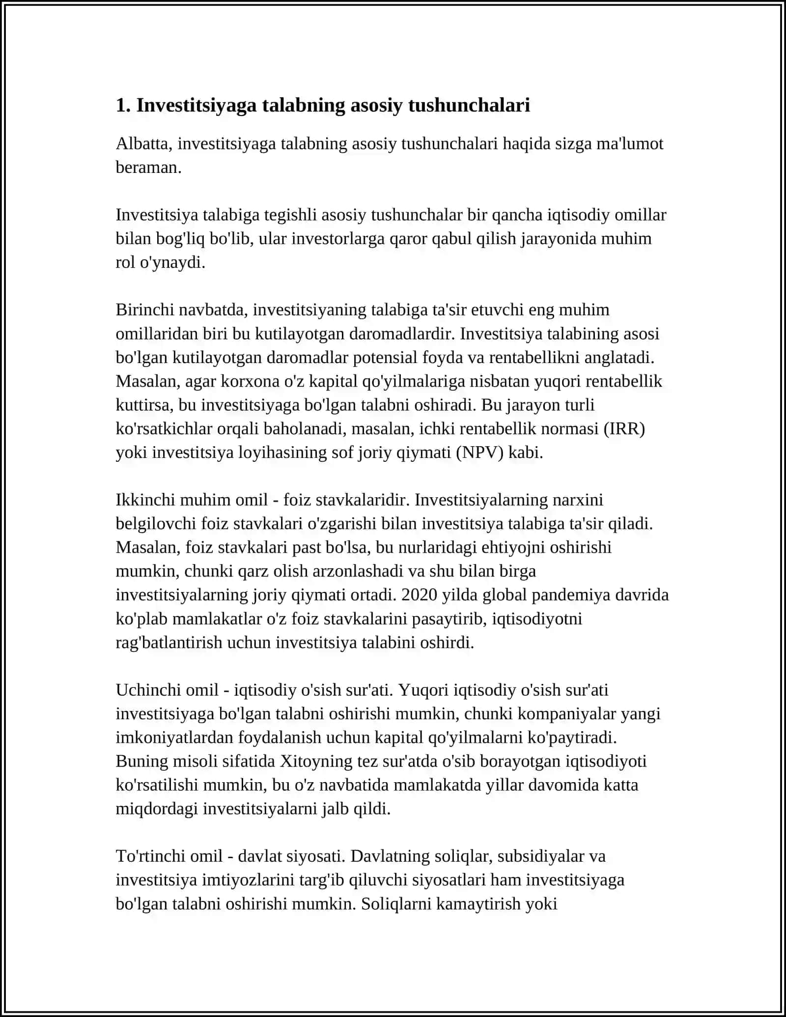 INVESTITSIYAGA TALAB FUNKSIYASI. AKSELERATOR MODELI 3