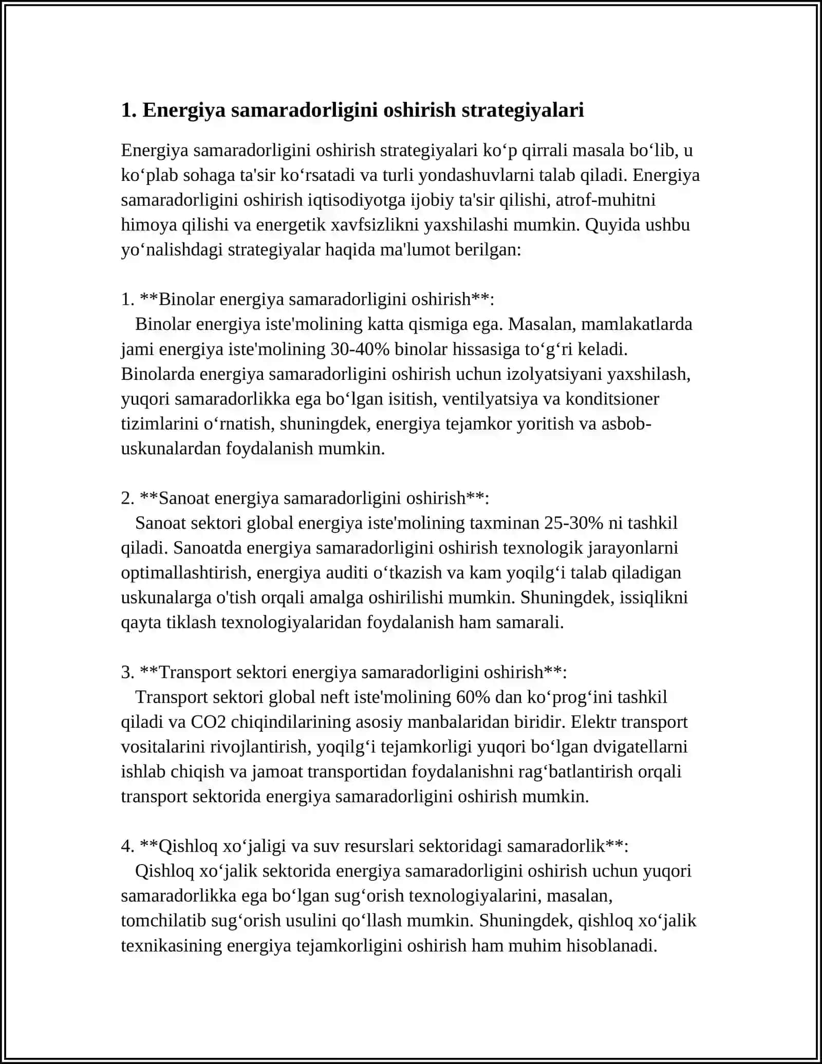 MUSTAQIL ISH Mavzu: ENERGIYA TEJAMKORLIK SOHASIDAGI SERISLARNI YONALTIRISH VA ENERGIYA SAMARADORLIGI 3