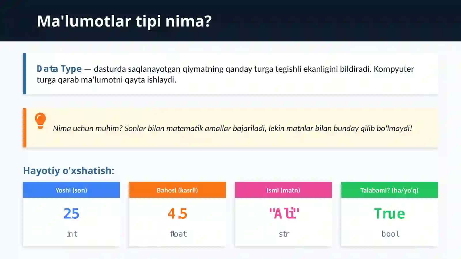 MA’LUMOTLAR TIPLARI, MALUMOTLARNI MURAKKAB STANDART TURLARI 3