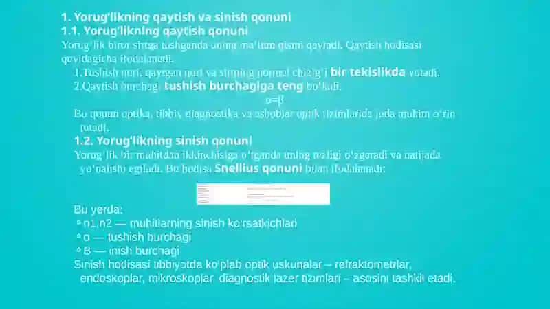Yorug'likning  sinish va qaytish qonuni. Tibbiy tashxis amaliyotida refraktometrik usullarning qo'llanilishi. Tibbiyotda endoskopik usullarning qo'llanilishi. lazerning tibbiyotda qo'llanilishi 3